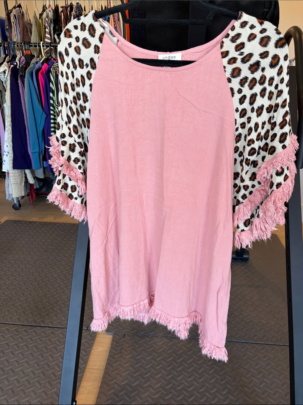 Umgee Pink Top with Leopard Raglan Sleeves and Fringe Detail